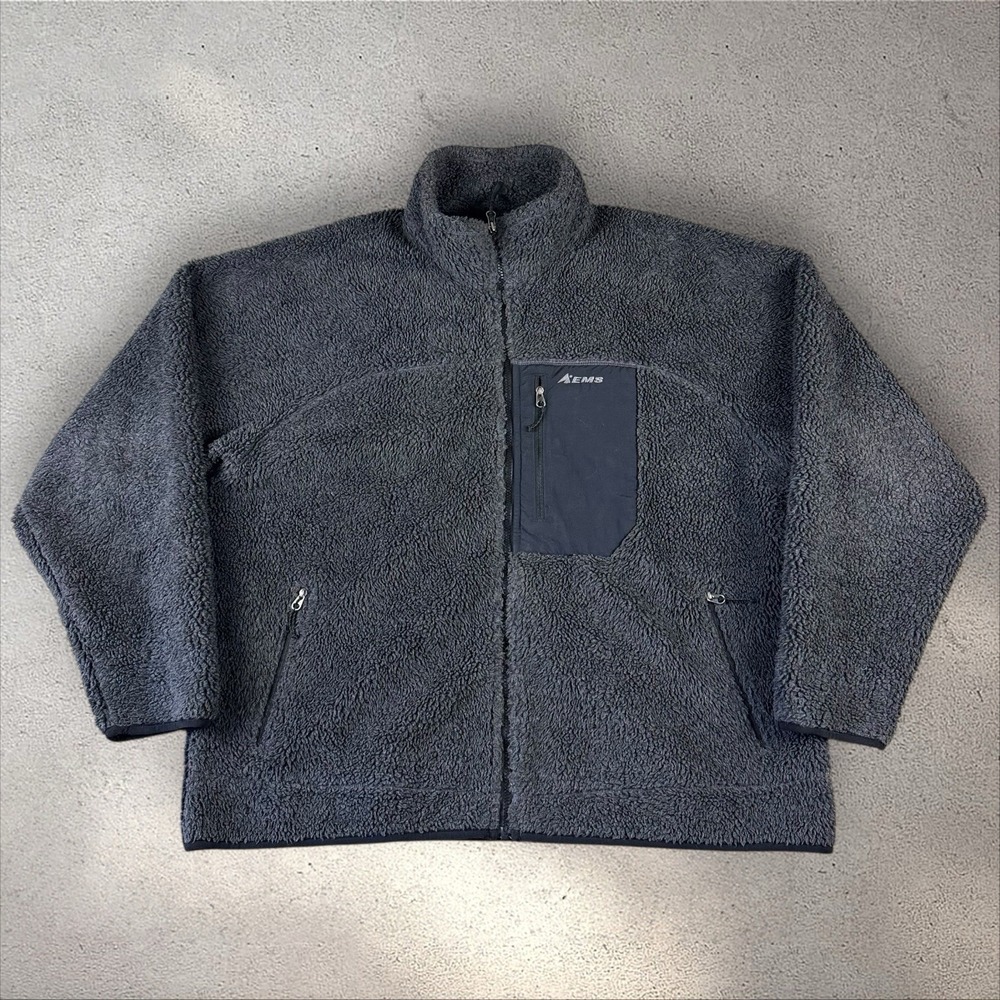 Vintage EMS Fleece Jacket Mens XXL Gray Sherpa Full Zip Outdoor Hiking Deep Pile